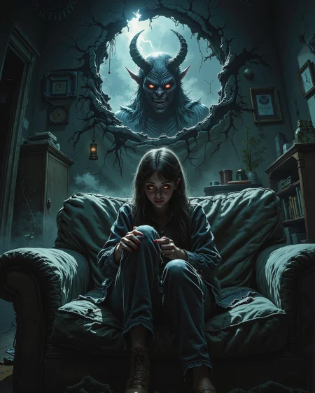 sp00k1h0rr0r, A dimly lit room with a terrified girl sitting in the fetal position on a couch, her arms wrapped tightly around her knees as she stares upward in horror. Above her, a demon peers menacingly through a jagged hole in the ceiling, its glowing eyes and sharp, twisted features illuminated by an eerie light from the shadows.<lora:Horror\Spooky_Horror.safetensors:0.9:0.9> <lora:Merge\best_of_flux_v30_rank64_bf16-step01750.safetensors:0.6:0.6>