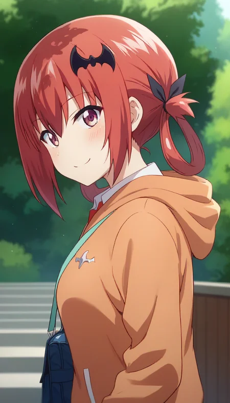 score_9,score_8_up,score_7_up,score_6_up BREAK official art,solo,outdoors,upper body,(portrait:1.5),looking at viewer,facing viewer,smile,blush,Satanichia Kurumizawa McDowell,long hair,red hair,hair rings,black ribbon,bat hair ornament,sidelocks,hair between eyes,bangs,purple eyes,orange hoodie,aqua vest,long sleeves,medium breasts,blue shorts,black socks,loafers,<lora:Satanichia Kurumizawa McDowell(gd)-Pony:1.4>,