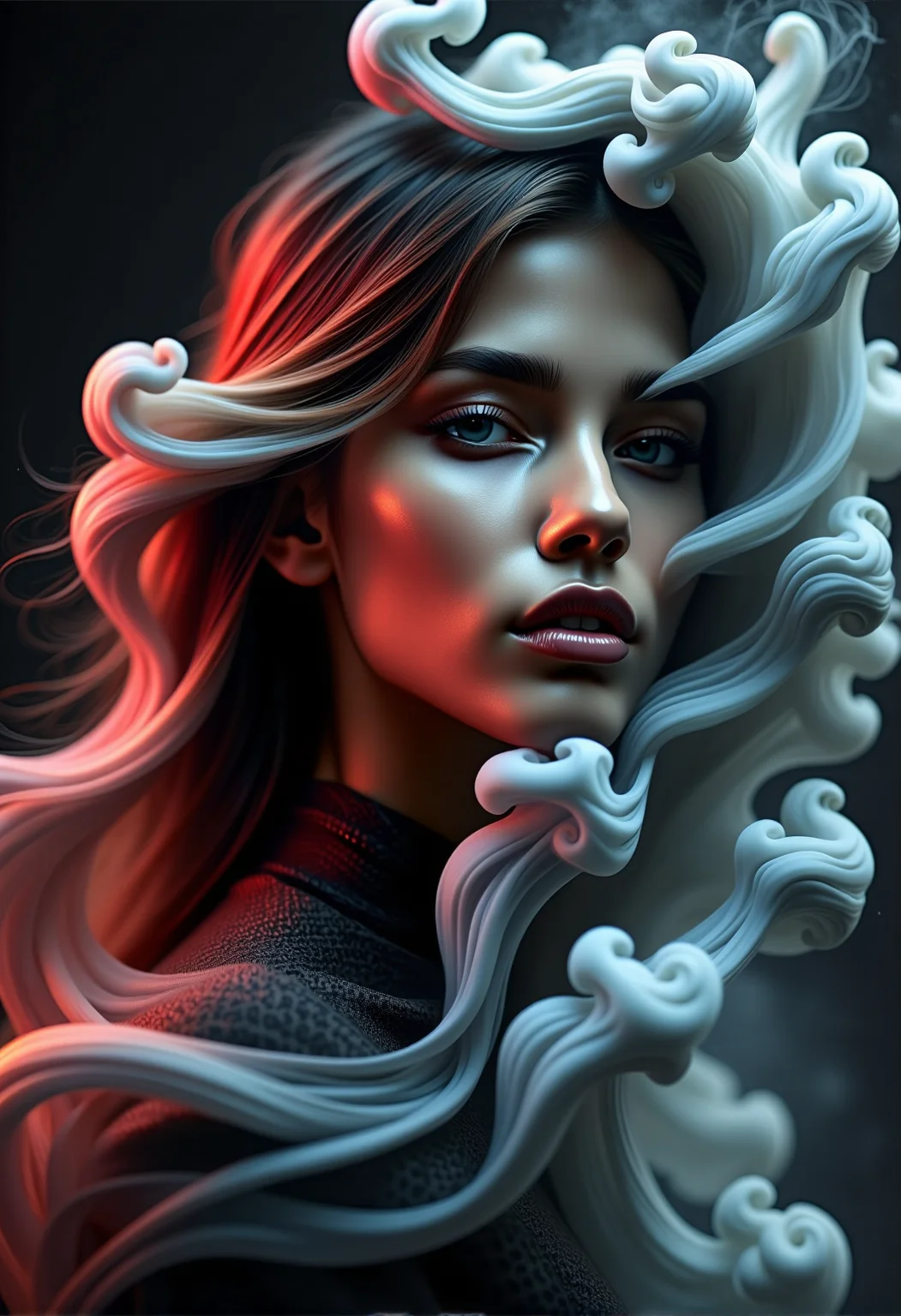 bv-smowormor. A beautiful young woman partially made of smoke in the background, with the words "Smoke Word Morph" rendered in intricate swirling smoke patterns, blending seamlessly into the environment. The smoke should have a sense of motion, with wisps gently flowing around her figure, creating a mystical and ethereal atmosphere. Photorealistic style, highly detailed, with soft ambient lighting to enhance the smoke's texture and the woman's graceful form, emphasizing her features emerging from the smoky tendrils. The composition should be cinematic and visually captivating, with a balance of sharp focus on key areas like her face and the word smoke, while the rest of the scene remains dreamy and diffuse. , <lora:bv-smoke-world-morph-1-0.safetensors:1.0:1.0>