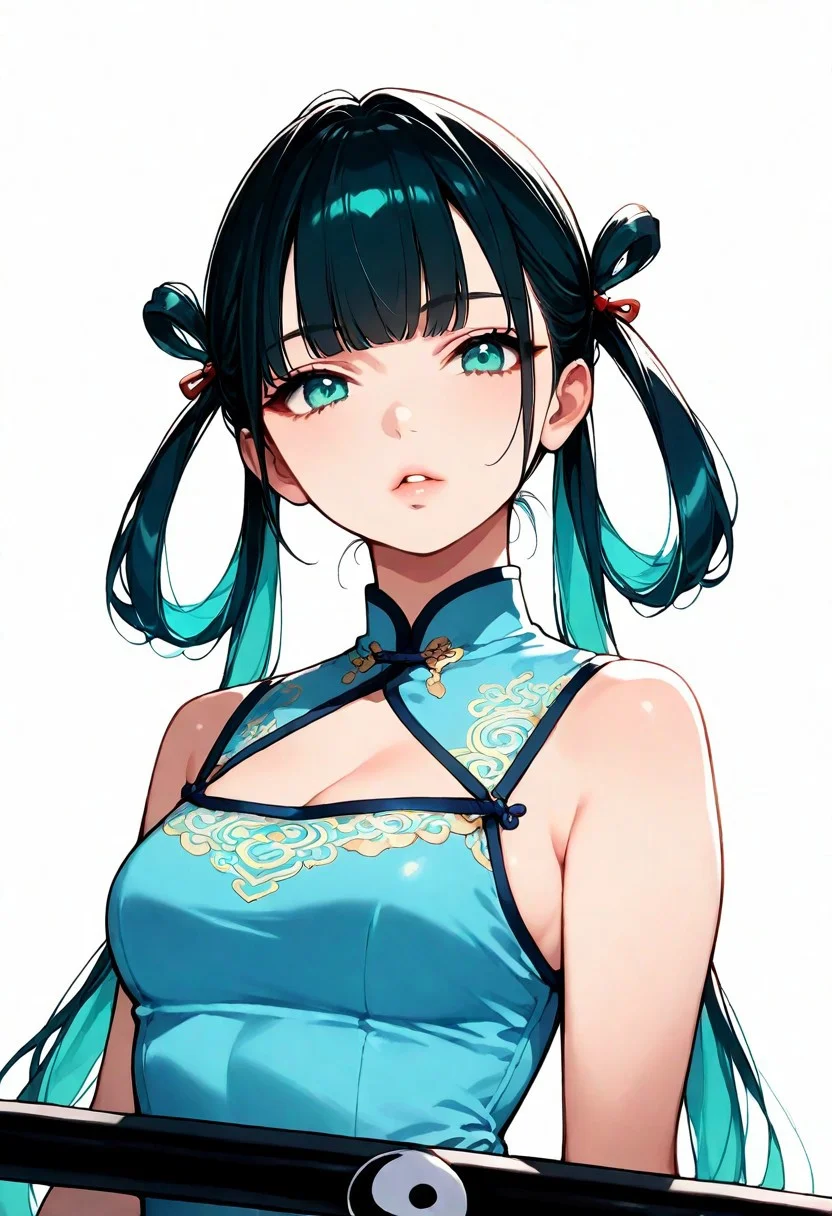 YohkoMano,1girl,solo, hair rings,long twin tails, aqua eyes, yin yang,chinese clothes,weapon,china dress, lips, thin lips, parted lips, solo, looking at viewer, camisole, masterpiece, best quality, very aesthetic