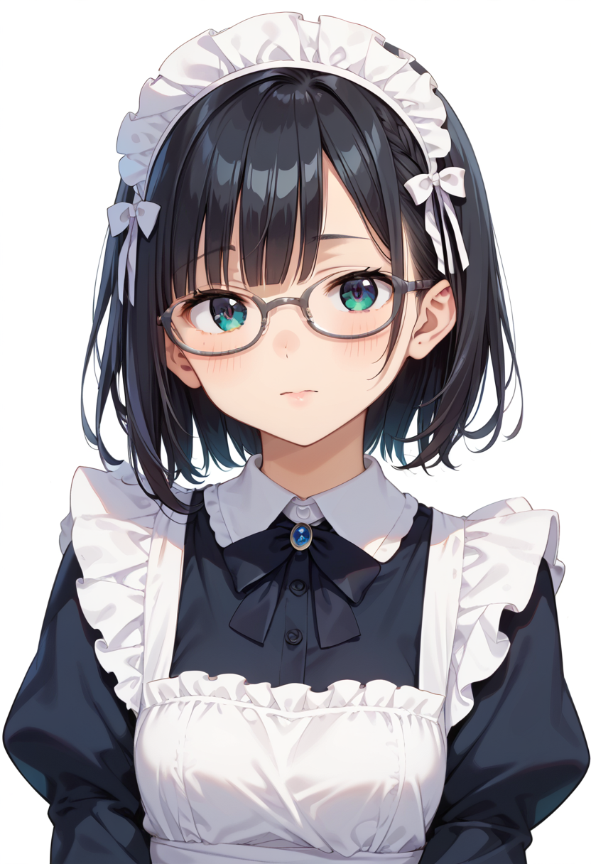 score_9, score_8_up, score_7_up, rating_safe, masterpiece, best quality, absurdres, unity 8k wallpaper, official art, official style, source_anime, uncensored, game cg, megami magazine,
1girl, solo, black hair, medium hair, upper body, covered eyes,maid, maid headdress, black dress, maid apron, face focus,
oval_cell, glasses, still life, white background, simple background, grey-framed eyewear,
 <lora:glasses_OvalCell1_PONY_V1:1>