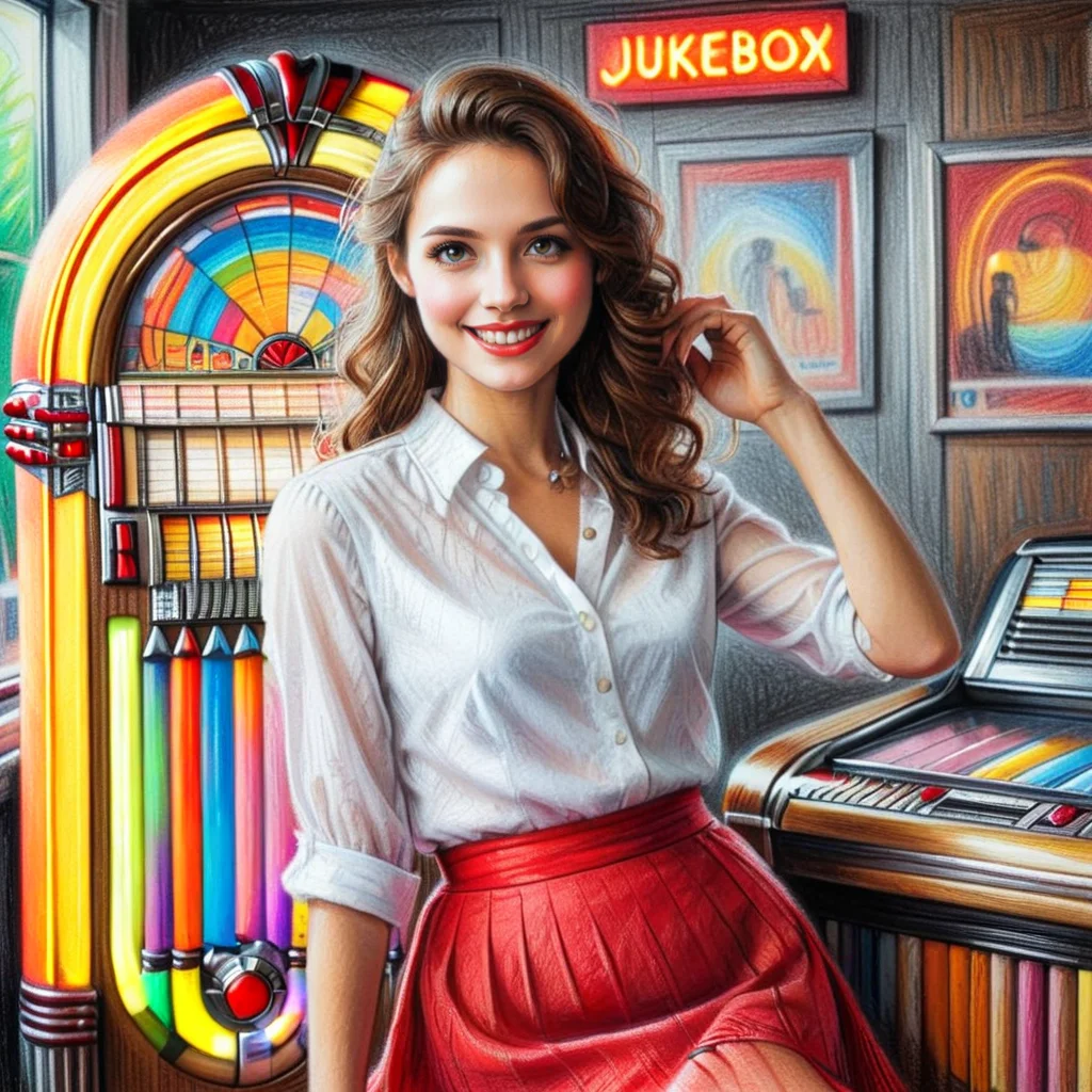 cr4y0n, crayon drawing, woman in a white blouse and red skirt, smile, jukebox <lora:Colorful_Crayons:1>