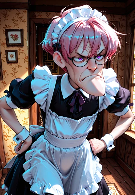 masterpiece, high_quality, highres, vibrant colors, 1boy, solo, cartoon, anime, Eustace, Bagge, glasses, pointy chin, grumpy expression, maid outfit, purple eyes, short pink hair, CivChan, hand on hips, detailed background, no hat,
