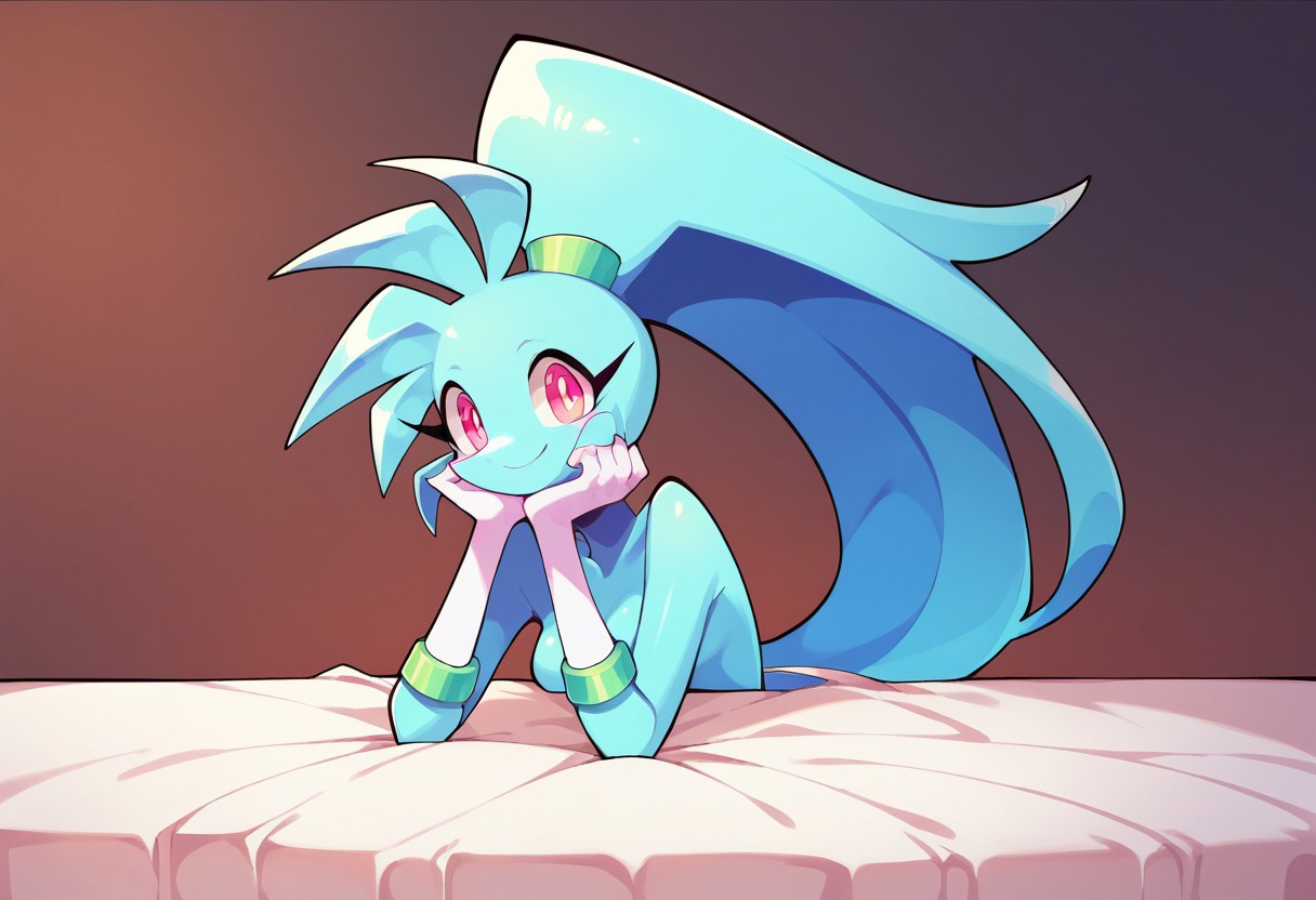 score_9, score_8_up, score_7_up, 1girl, solo, Spaicy, ponytail, colored skin, blue skin, source style, sitting on bed, smiling, pink eyes