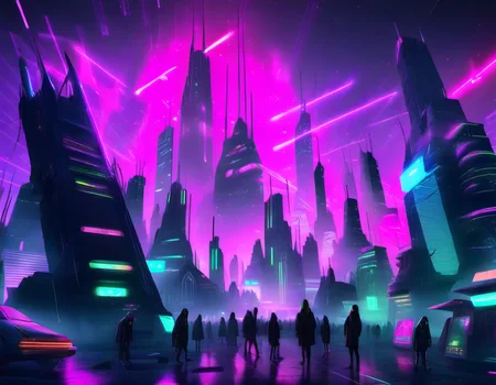 A Neon-Lit Megacity, Skyscrapers Bathed in Neon, Hovering Vehicles, Cybernetic Implants, Holographic Advertisements, Crowded Streets, Mega-Corporations, Black Market, Hackers' Havens, Synthwave Music, Augmented Reality, Techno-Dystopia, sharp focus, detailed, sub surafce scattering, glow, dust, volumetric light <lora:TOONER_1_RC:0.9>