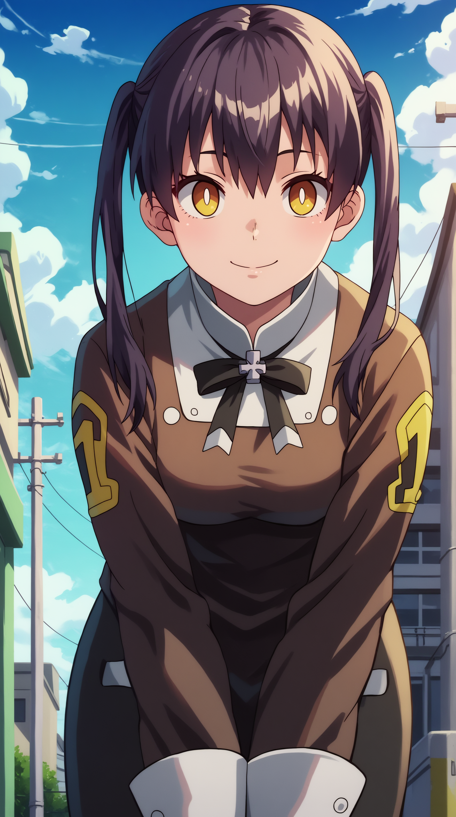 score_9, score_8_up, score_7_up, best background, detailed background, 4k, upscale, anime_source  Tamaki Kotatsu, Main Outfit, solo, looking at viewer, smile, closed mouth, outdoors, sky, cloud, leaning forward, light smile, building, power lines, utility pole, dusk,   <lora:JN_Tamaki_Kotatsu_Pony:0.8>