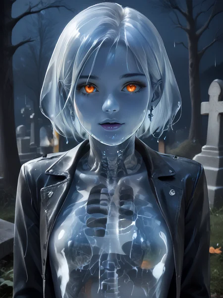 score_9, score_8_up, score_7_up, source_anime, source_western, source_comic, source_realistic BREAK 1girl, (young female ghost leaning forward, arms behind back), over urban graveyard, short white hair, pale skin, blue skin, orange eyes BREAK (wearing leather jacket, printed t-shirt) BREAK night, rain, high shot, close shot, realistic, cinematic lighting, masterpiece <lora:add-detail-xl:1.5> <lora:pony_color_theory_dora_v1:0.9> blue theme, blue, orange <lora:goth_clothes_v2:0.6> <lora:Expressive_H:0.8> Expressiveh <lora:Ghost_Girl:0.6> ghost, spirit, ghost girl, translucent, translucent skin, transparent skin, translucent hair <lora:Translucent_Bodies_Pony_XL_v2:0.45> ghost, translucent, translucent_girl <lora:X-Ray:0.8> xray, monochrome, bones, skeleton <lora:TransparencySlider:1> <lora:DynamicPose_alpha1.0_rank4_noxattn_100steps:1.0>