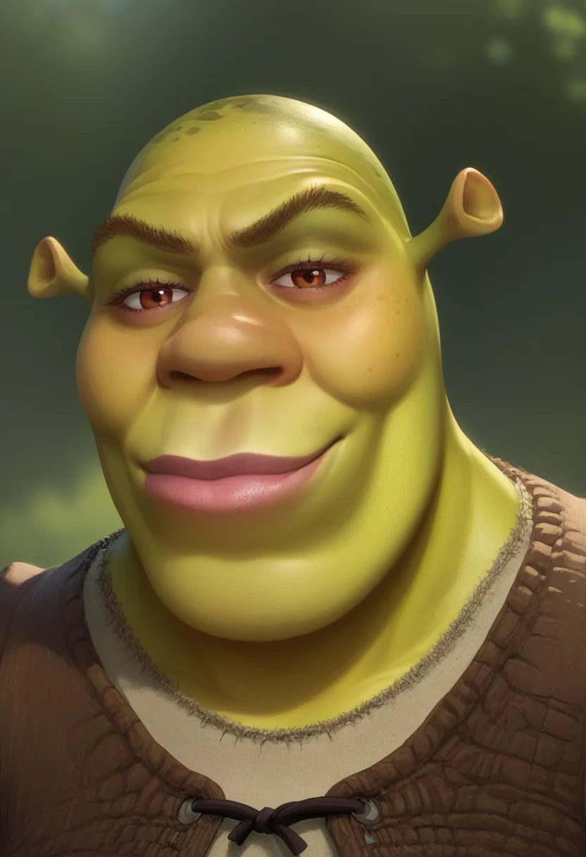 score_9, score_8_up, score_7_up, source_anime, SkylerWhiteYo, closed mouth, smile, <lora:KzyGuyMeme:1>, <lora:Shrek_XLPD:1> shrek, green skin
