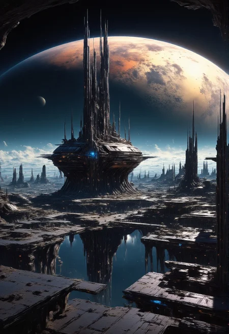 abstract painting, gradient vibrant neon colours, mythp0rt, landscape of a futuristic sci-fi moon base, gleaming metals and ceramics, domes, cratered environment, dusty, thin haze, a large planet dominating the skyline