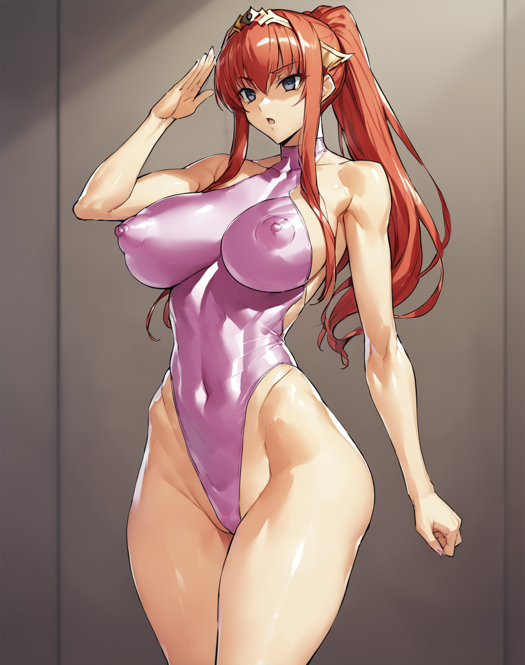 1girl, Maya Cordelia, solo, masterpiece, best quality, questionable, illustration, standing, legs together, arm at side, hand on own thigh, salute, facing ahead, looking ahead, v-shaped eyebrows, parted lips, :o, expressionless, empty eyes, (high ponytail:1.2), tiara, cute face, medium breasts, sukebei leotard, pink latex leotard, puffy nipples, covered nipples, bare arms, bare shoulders, bare legs, indoors, windows, draw by melon22, <lora:sukebei leotard-000103:0.8>, <lora:Maya Cordelia_animagineXLV3-000112:0.6>,
