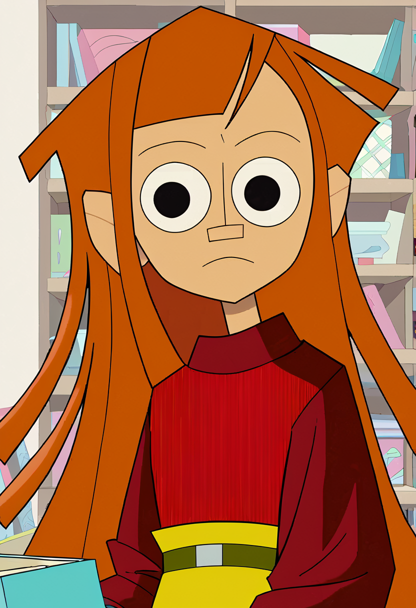 <lora:TwelveForever_Reggie_Pony:1.3>, reggie \(regular\), :q, reggie, twelve forever, 1girl, solo, orange hair, long hair, black eyes, bangs, bookstore, masterpiece, best quality, score_9, score_8_up, score_7_up