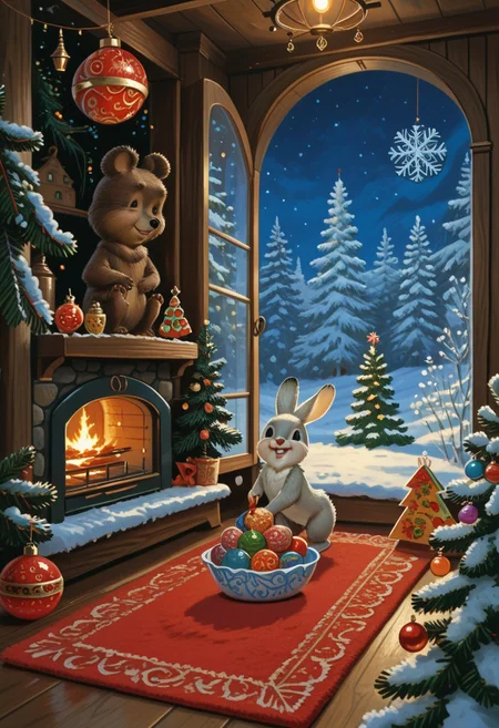score_9, score_8_up, score_7_up, rating_safe, zarubin, painting, christmas tree, christmas, snow, snowflakes, forest, rabbit, bird, bear, squirrel, gifts, cute, adorable, new years eve, santa claus, christmas ornaments, chrlib, scenery, indoors, living room, night, oven, christmas tree, christmas ornaments, red carpet, perfect details, close view, winter, portrait, dutch angle