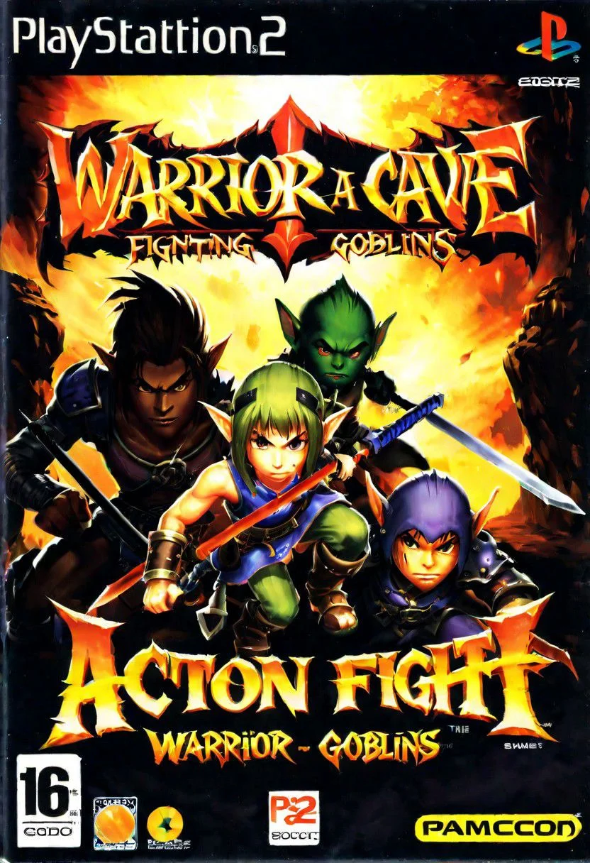 Ps2 cover disk,warrior fighting and goblins in cave a Text title "action fight",