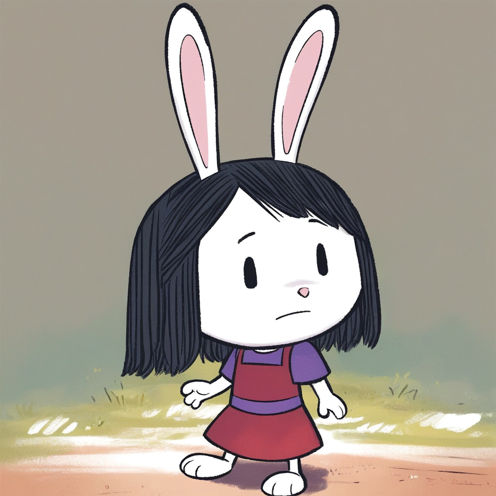 score_8, score_9, elinor, solo, black hair, rabbit ears, black eyes, animal ears, furry, dress