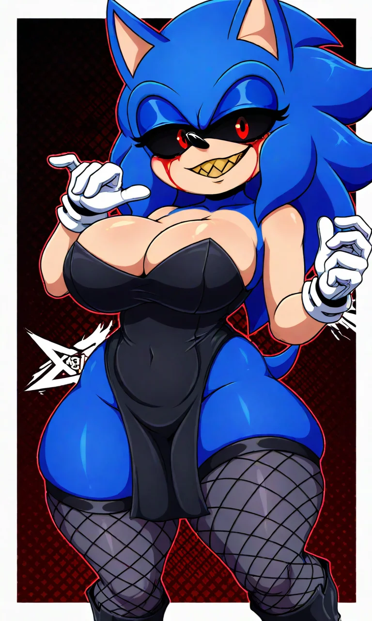 looking at viewer, smirk, solo, upper body, masterpiece, best quality, amazing quality, very aesthetic, absurdres, newest, halftone effect, white borders, abstract background, wide hips, thick thighs, dynamic lineart || er1s, hedgehog, blue fur, black sclera, red pupils, bloody tears, sharp teeth, white gloves, black dress, fishnet pantyhose, grey thigh highs, black boots,