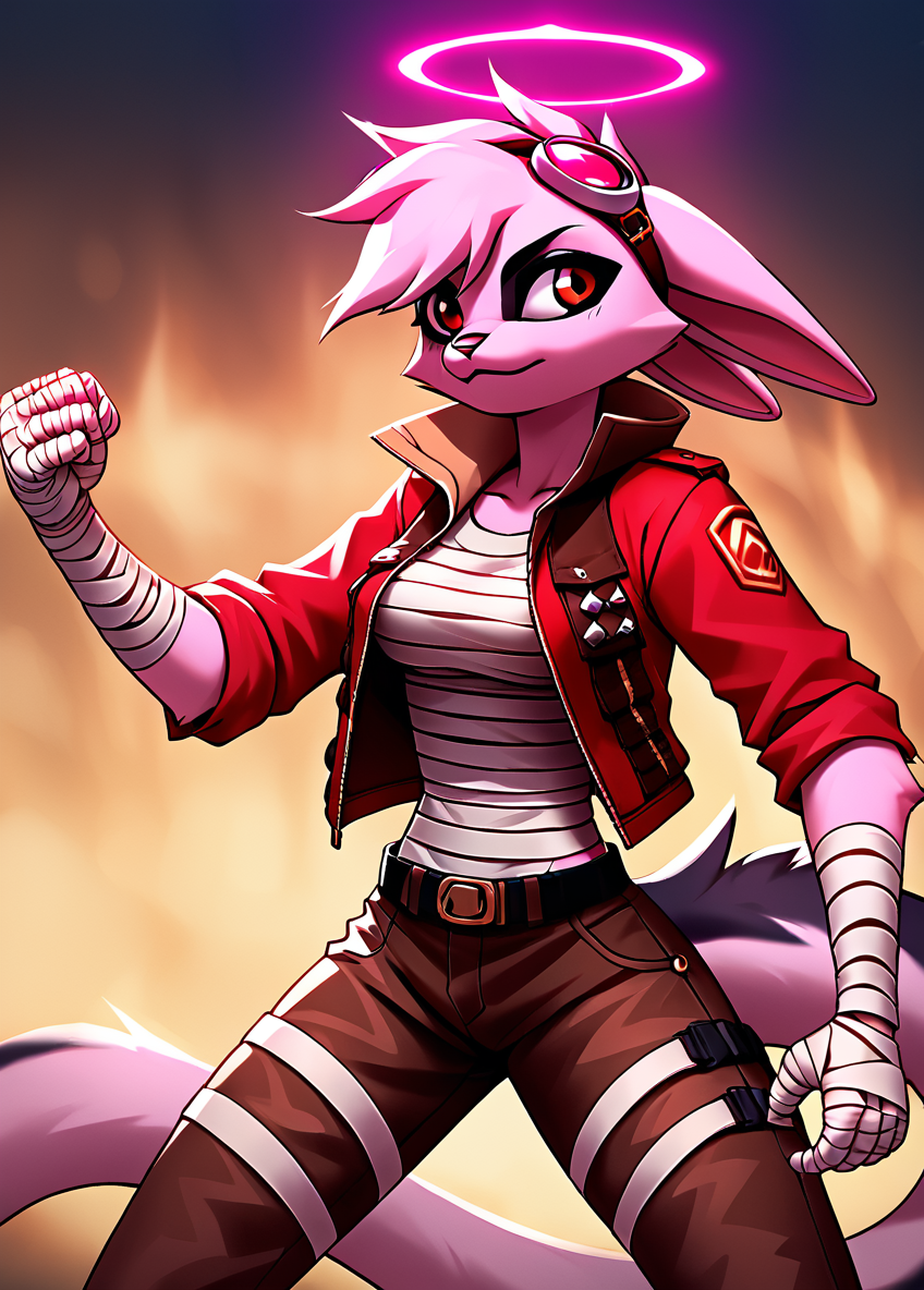 score_9, score_8_up, score_7_up, source_anime, BREAK <lora:Viriathus_Vayu_pony_v2:0.8>,
viriathus_vayu, , jacket, solo, tail, brown pants, goggles, red jacket, open jacket, pants, 1girl, bandages,halo,female furry