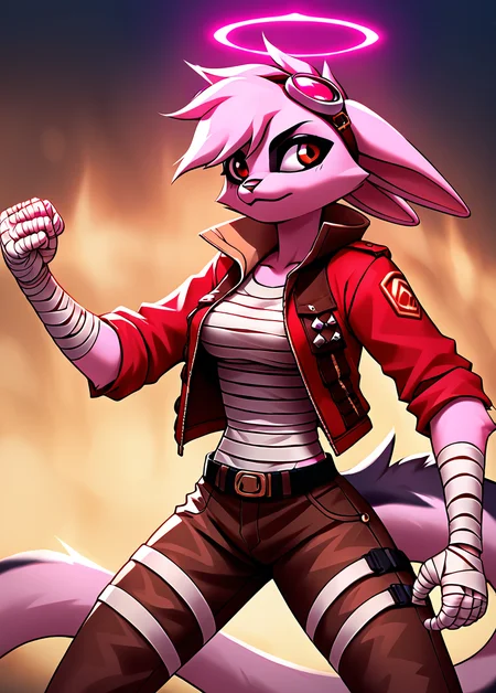 score_9, score_8_up, score_7_up, source_anime, BREAK <lora:Viriathus_Vayu_pony_v2:0.8>,
viriathus_vayu, , jacket, solo, tail, brown pants, goggles, red jacket, open jacket, pants, 1girl, bandages,halo,female furry