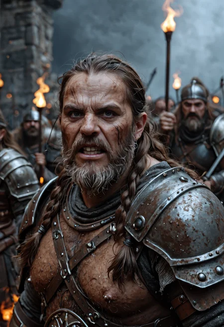 furious fantasy dwarf warrior, glaring directly at the viewer with fiery, long braided beard cascading over thick, rune-etched ornate armor, aged and battle-worn, set in a dark and faded color palette with subtle hints of steel blue and ash, illuminated by dramatic cinematic lighting that carves deep shadows into his stern, rugged face, intense expression twisted with rage, jaw clenched and brows furrowed, rich weathered textures across skin and metal, background blurred with motion suggesting chaos or battle aftermath, subtle film grain adding realism, unusual limited dark tones intensifying the mood, extreme realism with sharp facial detail, deep atmosphere, fantasy realism with a gritty, grim tone, professional studio composition, masterpiece quality