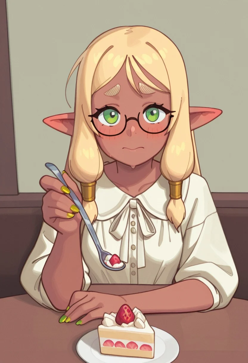 rizdraws, possmach, elf, cafe, sitting at a table, strawberry shortcake, dark skin, glasses, spoon on the table, blushing, looking at viewer, facing viewer, cute dress, painted nails, nervous