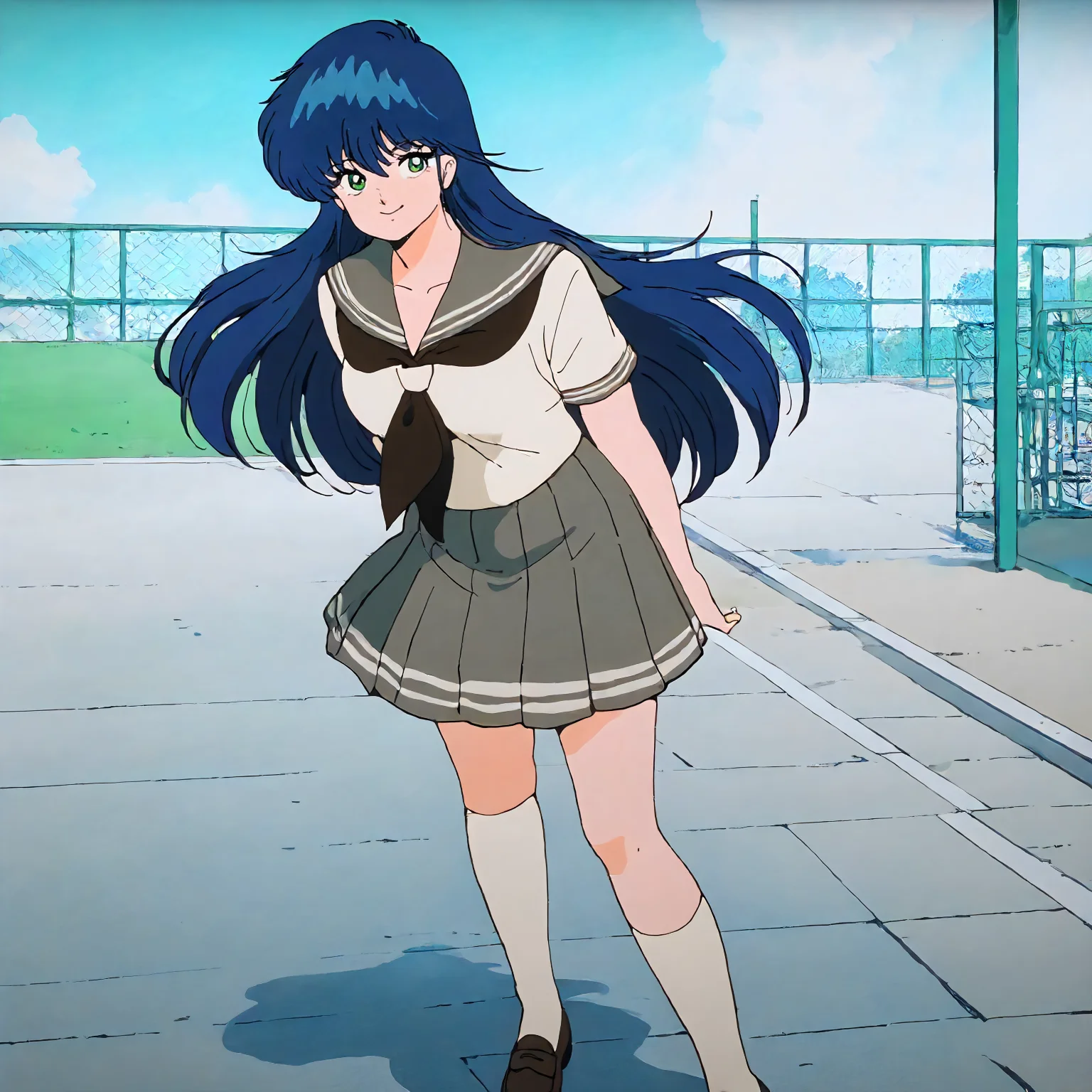 <lora:KOR_MadokaAyukawaXLIllustrious002>,
masterpiece,best quality,good quality,newest,
outdoors,school,
smile,
looking at viewer,
solo,
MadokaAyukawa,1girl,blue hair,long hair,green eyes,
breasts,
serafuku,gray sailor color,black neckerchief,
pleated skirt,gray skirt,
socks,
shoes,
standing,