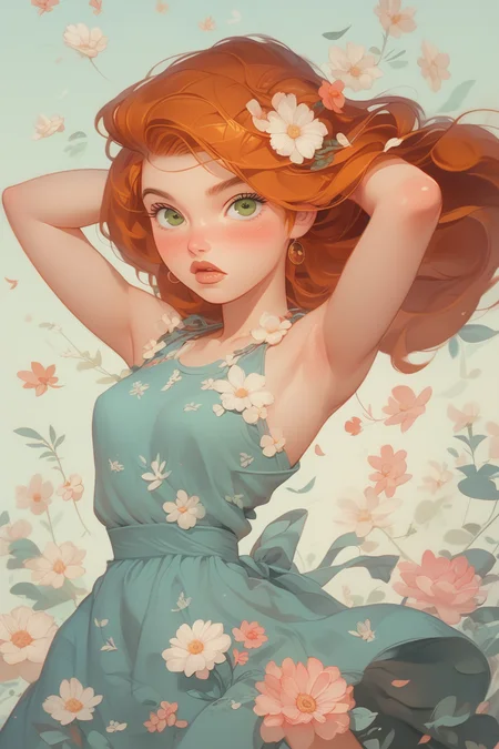 score_9, score_8, score_7 up, 1girl, kim possible, beautiful eyes, blush, fl0rald0lls, dynamic pose, summer dress, pastel background, flowers, leaf, pink flower, white flower <lora:Floral Dolls Pony Style:0.8><lora:EnvyPonyPrettyEyes01:0.7> <lora:Kim_Possible:0.8>