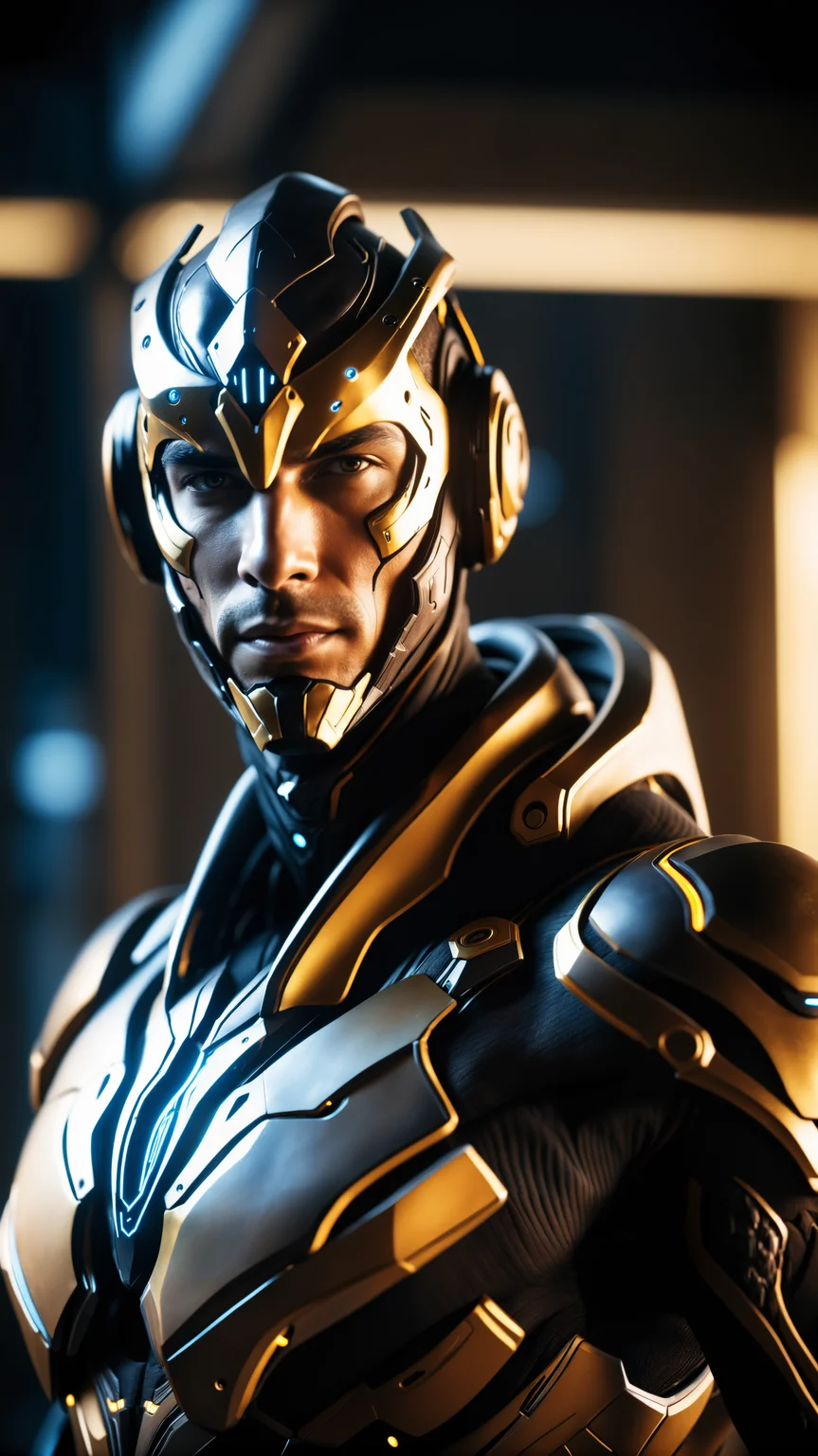 best quality, cgunity, 8k, raw photo of (beautiful:1.2) cyborg man, warframe style, black gold, ultra detailed, ambient light, volumetric lighting, realistic, realistic lighting, cinematic lighting, depth of field, sharp focus, dynamic pose, face focus, looking at viewer, (high contrast:1.2), (film grain)