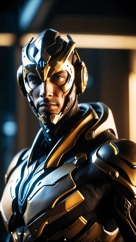 best quality, cgunity, 8k, raw photo of (beautiful:1.2) cyborg man, warframe style, black gold, ultra detailed, ambient light, volumetric lighting, realistic, realistic lighting, cinematic lighting, depth of field, sharp focus, dynamic pose, face focus, looking at viewer, (high contrast:1.2), (film grain)