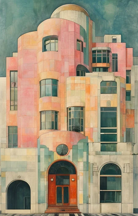 masterpiece,best quality,<lora:tbh312-sdxl:0.9>,illustration,designed by Adolf Loos Art Deco hotel facade in Miami Beach, featuring pastel colors and streamlined forms