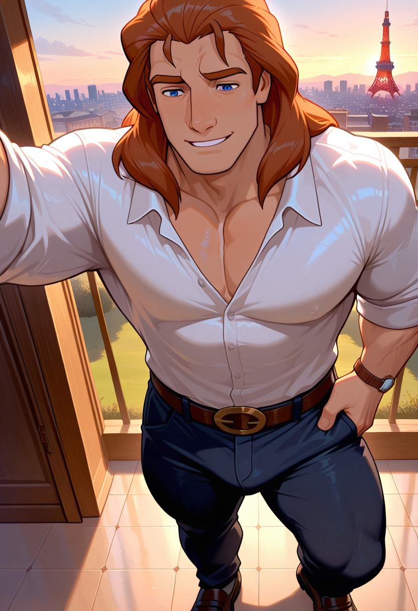masterpiece,best quality,amazing quality,very aesthetic,absurdres,newest, huge filesize, Prince_Adam_BTB, 1man male focus, solo, auburn hair, blue eyes, lean and muscular, mature, long hair, strong, tall, manly, masculine, classy, soulful eyes,  artistic,  score_9, score_8_up, score_7_up, Masterpiece, Best Quality, beautiful eyes, detailed eyes, male focus, dynamic angle, male focus, solo, face focus, front view, gentle smile, standing, ((male)), ((mature)), ((adult)), handsome, sexy, ((slender)), ((pecs)), ((bara)), ((twunk)), 
Prince_Adam_BTB, 1man, auburn hair, blue eyes, japan, tokyo tower, dress shirt or fitted polo, dark jeans or chinos, leather loafers, belt matching the shoes, wristwatch, subtle cologne, well-groomed hair, Extreme Wide Shot (Establishing Shot)