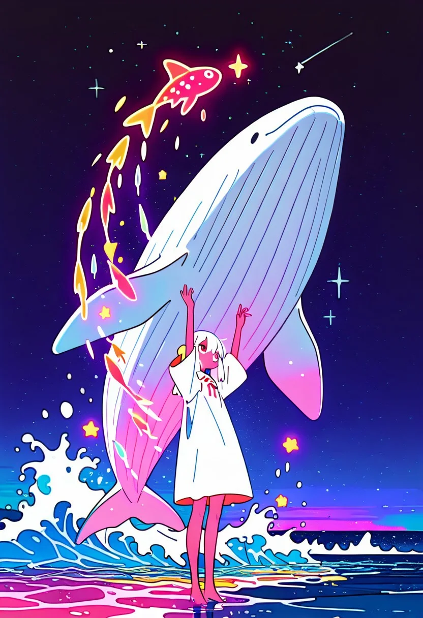 masterpiece, best quality, good quality, very awa, newest, highres, absurdres, 1girl, solo, dress, standing, white hair, sky, barefoot, white dress, water, arm up, arms up, night, ocean, animal, star \(sky\), night sky, scenery, starry sky, fish, wide shot, waves, oversized animal, whale, flying fish, limited palette, sketch, glowing, psychedelic, <lora:illustriousXL_stabilizer_v1.23:0.3> <lora:NOOB_vp1_detailer_by_volnovik_v1:0.3> <lora:ponyv6_noobE11_2_adamW-000017:0.3> <lora:114558v4df2fsdf5:1> <lora:mon_monmon2133:0.6>