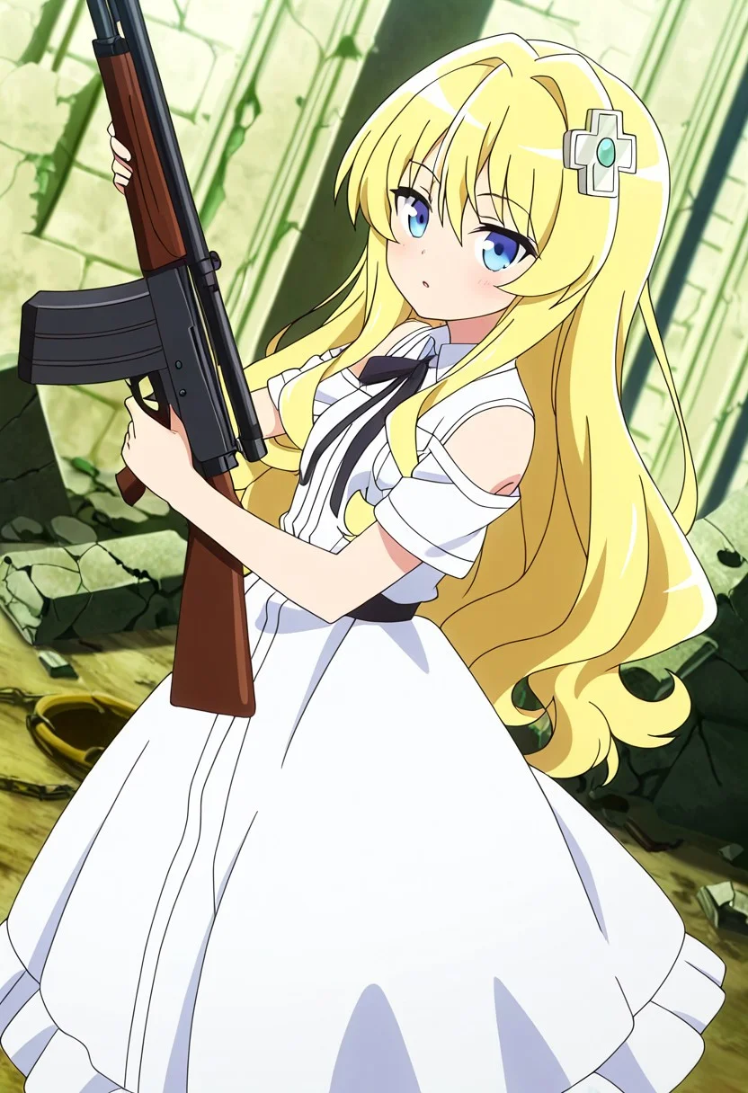 general,highres, ultra-detailed,very aesthetic,best quality ,best hands,best eyes,easynegative,
dynamic angle, dutch angle, anime cloring,anime screencap,
1girl solo,looking at viewer,ruins,holding rifle,
Kisaragi Alice,blonde_hair, long_hair, short body, wavy hair, blue_eyes small breasts, hair_ornament,white dress,
