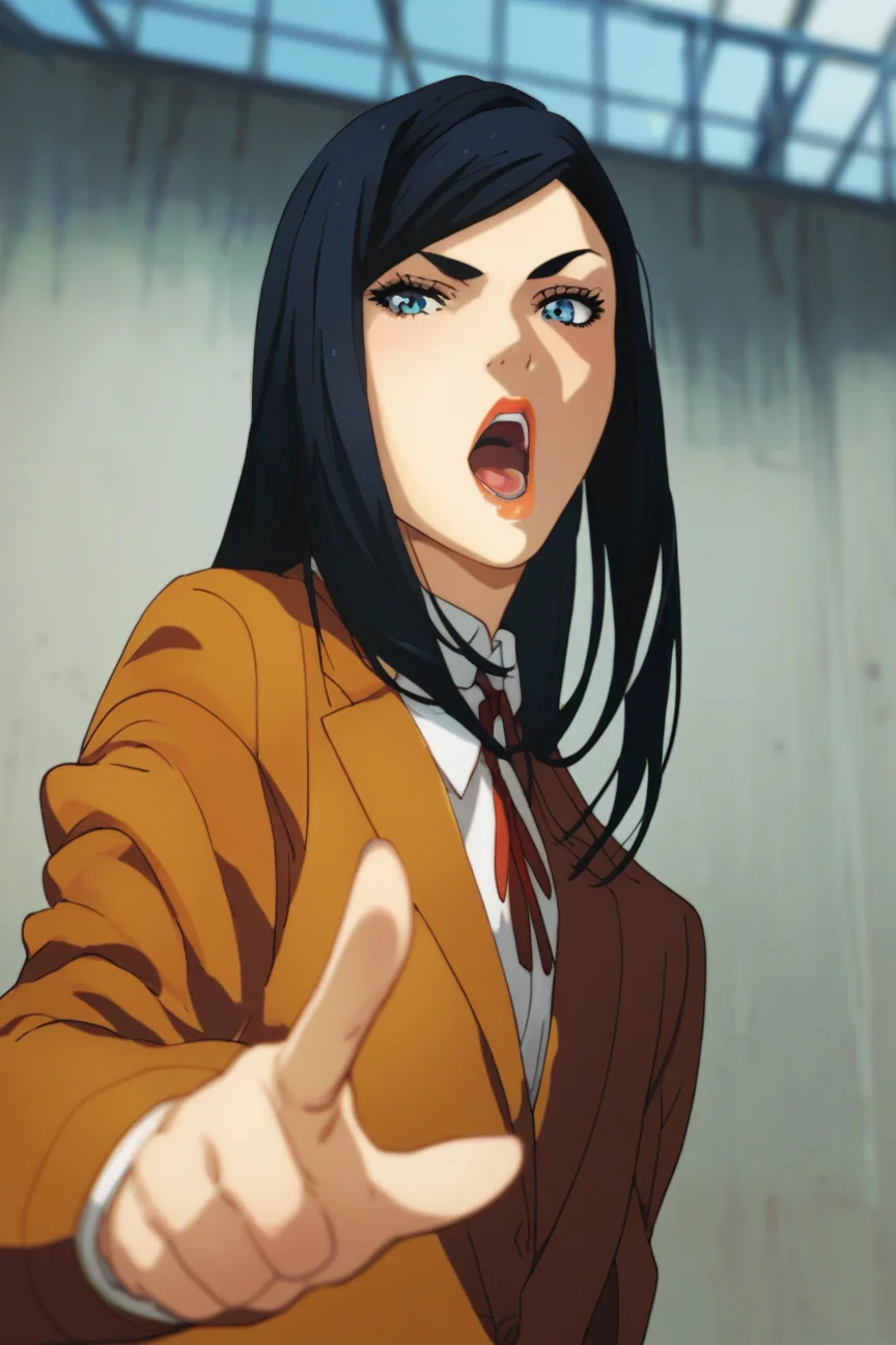 score_9_up, score_8_up, score_7_up, <lora:Prison_School_anime_style_Pony_r2:1>, mari kurihara, solo, school uniform, long hair, black hair, open mouth, lipstick, makeup, blue eyes, foreshortening, jacket, blazer, pointing, best quality, high quality