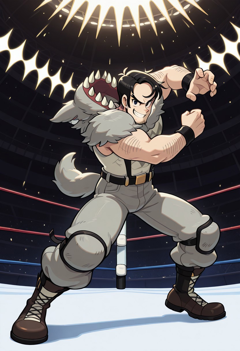 Dynamic pose, dynamic view, dynamic angle, cartoon source, solo, male focus, 1boy, beowulf, male,Black eyes, Black hair, sideburns, facial hair, mucular body, wolf suit, Upper body, official art, solo, fighting stance, full body, grin, looking at viewer, wrestling ring, stadium, sparkle, 
perfect anatomy, masterpiece, perfect quality, best quality, detailed, newest, very aesthetic