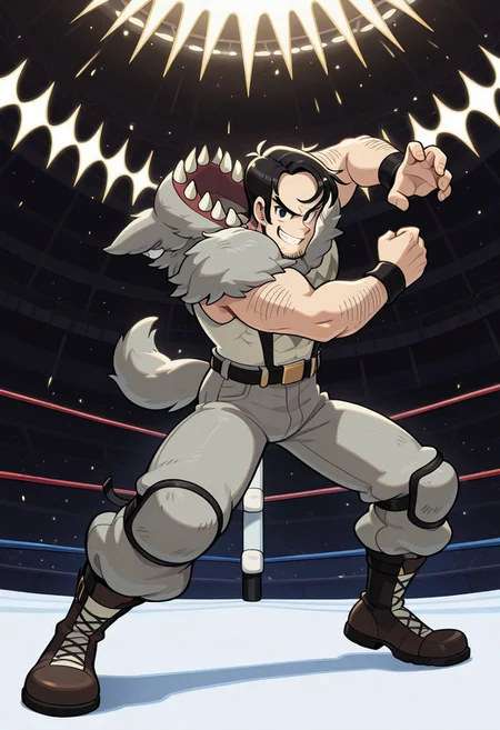 Dynamic pose, dynamic view, dynamic angle, cartoon source, solo, male focus, 1boy, beowulf, male,Black eyes, Black hair, sideburns, facial hair, mucular body, wolf suit, Upper body, official art, solo, fighting stance, full body, grin, looking at viewer, wrestling ring, stadium, sparkle,
perfect anatomy, masterpiece, perfect quality, best quality, detailed, newest, very aesthetic