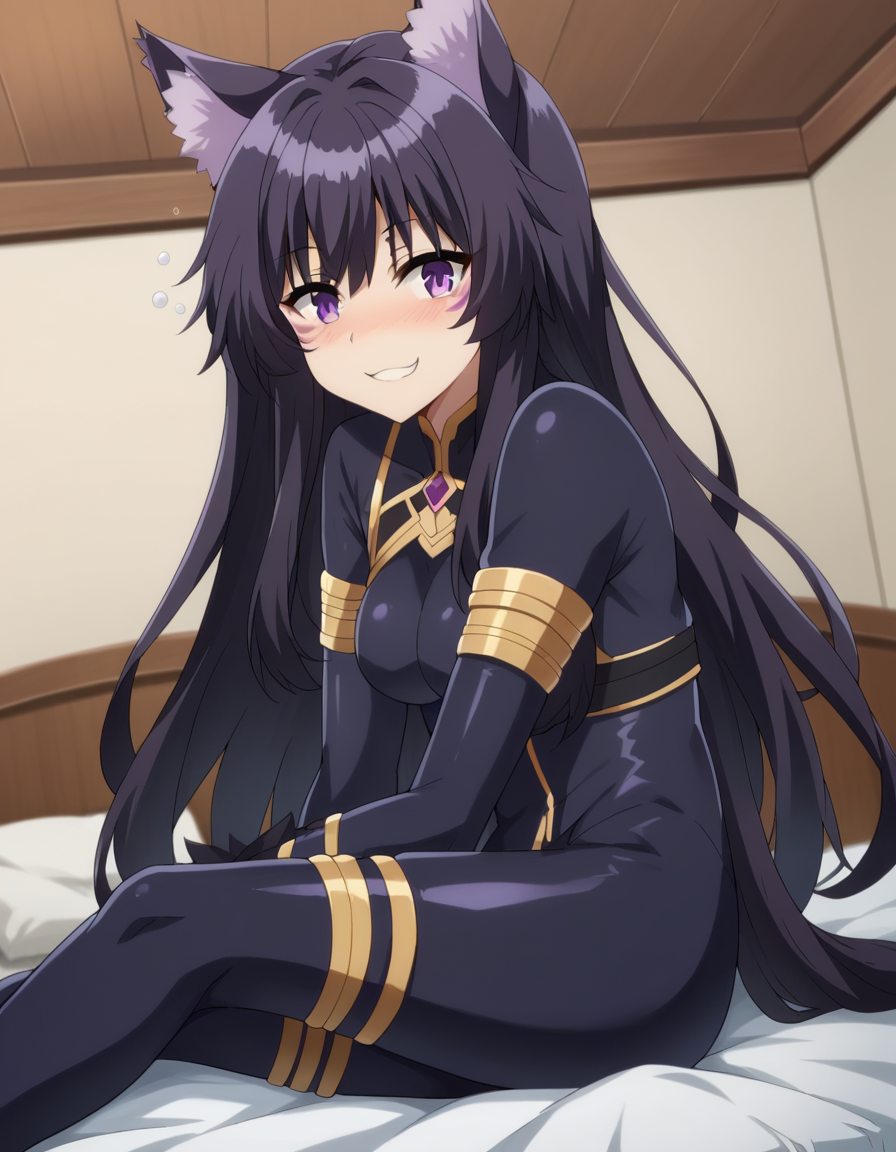 score_9, score_8_up, score_7_up, source_anime,
shadowdelta, <lora:shadow-delta-ponyxl-lora-nochekaiser:1>,
delta, long hair, black hair, animal ears, purple eyes, cat ears, animal ear fluff, facial mark, smile,
bodysuit, black bodysuit,
indoors, bed, bed room, on side, blush, drunk,
looking at viewer, cowboy shot, dutch angle,