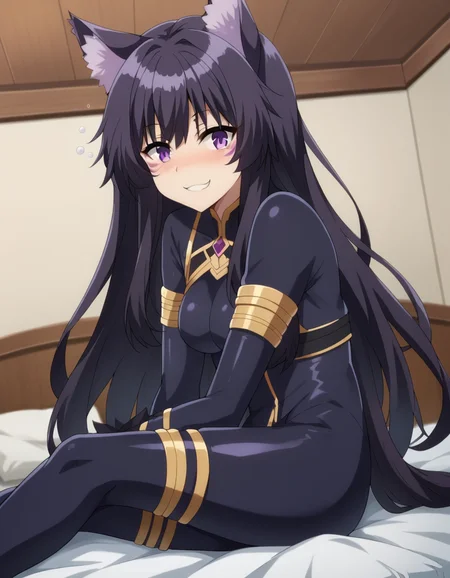 score_9, score_8_up, score_7_up, source_anime,
shadowdelta, <lora:shadow-delta-ponyxl-lora-nochekaiser:1>,
delta, long hair, black hair, animal ears, purple eyes, cat ears, animal ear fluff, facial mark, smile,
bodysuit, black bodysuit,
indoors, bed, bed room, on side, blush, drunk,
looking at viewer, cowboy shot, dutch angle,