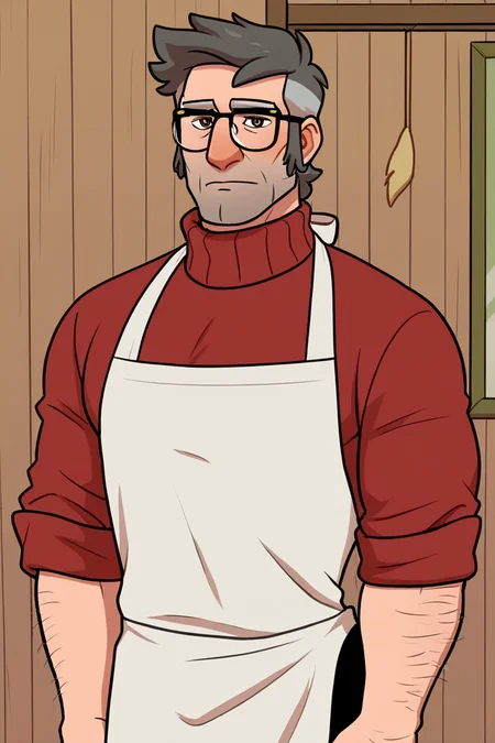 masterpiece, best quality, highres, extremely aesthetic, stanford pines, 1boy, solo, male focus, mature male, muscular male, old man, short hair, grey hair, two-tone hair, brown eyes, thick eyebrows, glasses, black-framed eyewear, facial hair, stubble, long sideburns, looking at viewer, white apron, red turtleneck sweater, sleeves rolled up, sparse arm hair, arm hair, black pants, standing, cowboy shot, indoors, wooden wall <lora:Stanford (Ford) Pines - Gravity Falls v1.0 MIX [LoRA] - NoobAI-XL EPS 1.0:0.8>