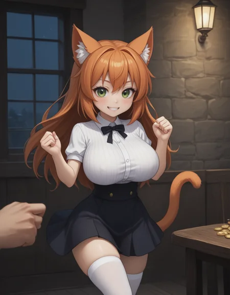 score_9, score_8_up, (absurdres, volumetric lighting, screencap, subsurface scattering), BREAK, (((kemonomimi mode))), hidden ears, (orange hair over ears), (long orange hair), catgirl, long hair, pale skin, orange hair over ears, bangs, ((green eyes)), tareme, BREAK, (black animal collar), BREAK, ((orange animal ears)), ((orange hair over ears)), orange cat ears, (orange animal ears), (((catgirl, cat girl))), BREAK, (small mouth, [grin]), BREAK, BREAK, BREAK, ((minigirl, very short girl, tiny girl, very small girl, small female, extremely small girl, extremely short female, diminutive female, narrow waist, curvy, narrow shoulders)), petite, (((huge breasts))), round ass, (weak girl, skinny arms), small arms, skinny girl, <lora:ALTXL_pony_0061_8 anti long torso:1><lora:Girl Size_alpha1.0_rank4_noxattn_last:1.8>, BREAK, raised orange cat tail, orange cat tail extending from lower back, base of tail from tailbone, tail through clothes, (orange cat tail), [boxing stance], hands up, hands held in front of body, fists, leg up, combat stance, ready to fight, cowboy shot, standing on one leg, looking at viewer, clenched hands, covered breasts, BREAK, white thighhigh socks, skindentation, zettai ryouiki, (white ribbed shirt, high-waist suspender skirt, framed breasts, vertical center frills), ((covered breasts, covered nipples, no bra)), undersized clothes, white shirt, white thighhighs, white thighhighs, brown knee_boots, rating_safe, BREAK, treasure map on wooden table, fantasy inn background, bag of gold coins spilled on table, ((night, darkness)), cute, BREAK, (bouncing breasts, unaligned breasts, breasts swinging under clothes), ((fully clothed)), ((weak girl, solo focus, girl focus, teen, young girl)), <lora:BackgroundDetailerV3:0.7> <lora:Chibi:0.5><lora:hand 4:0.4>, chibi, ,