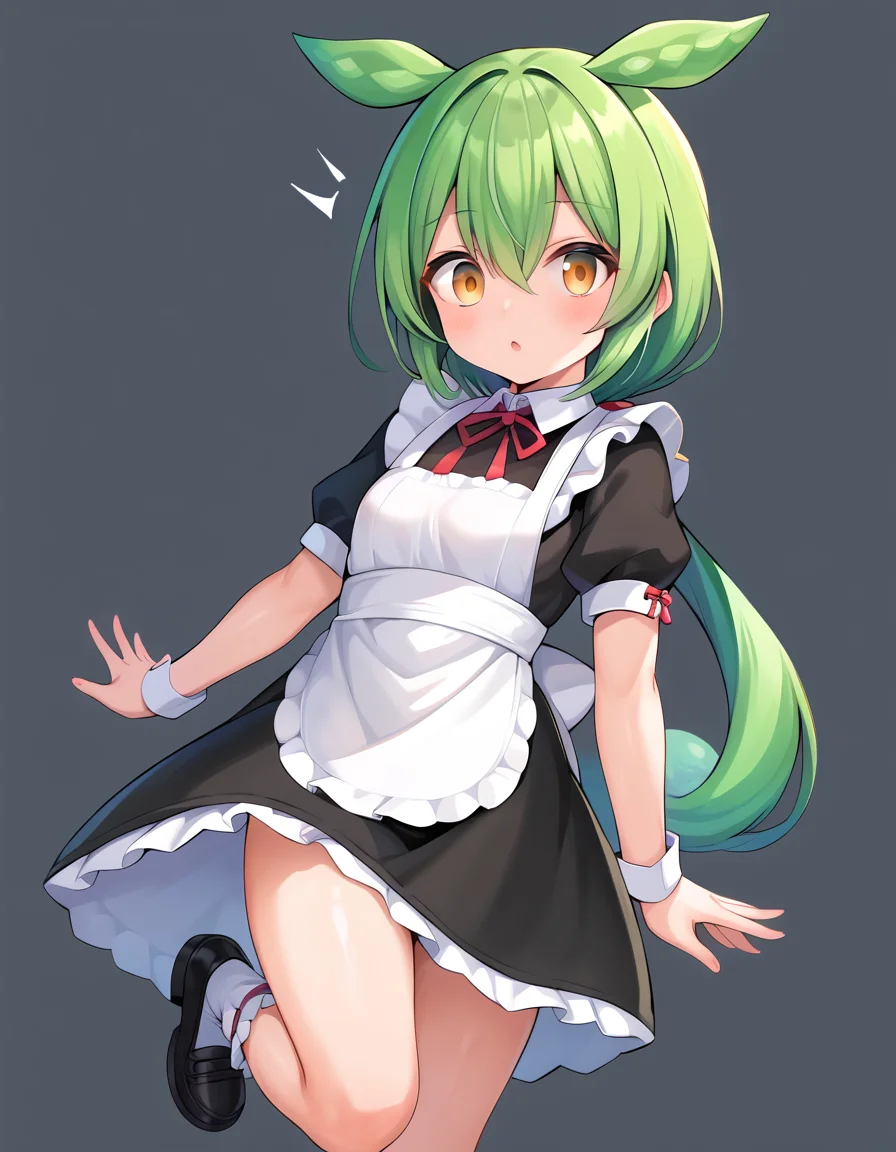 score_9, score_8_up, score_7_up, score_6_up, score_5_up, score_4_up, source_anime, rating:general,
 <lora:zundamon_ponyXL:1> 
1girl, solo, zundamon, green hair, long hair, yellow eyes, hair between eyes, maid, standing on one leg, thick thighs, small breasts, surprised,