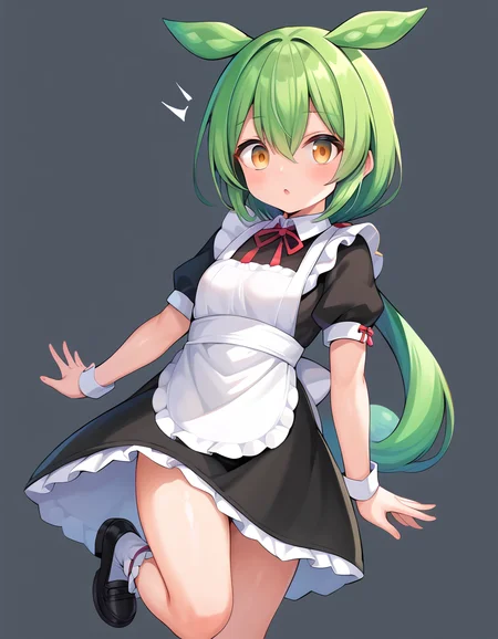 score_9, score_8_up, score_7_up, score_6_up, score_5_up, score_4_up, source_anime, rating:general,
<lora:zundamon_ponyXL:1>
1girl, solo, zundamon, green hair, long hair, yellow eyes, hair between eyes, maid, standing on one leg, thick thighs, small breasts, surprised,