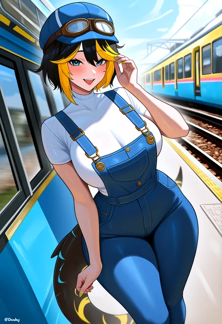 very awa, masterpiece, best quality, year 2024, newest, highres, absurdres, <lora:age_slider_v4:3> <lora:thicc_v1.4-pony:1.2>,detailed_background,outdoors,blonde hair,blue hat,goggles on head,train,zarasaru,overalls,absurdres,solo,looking at viewer,highres,short hair,hat,green eyes,blue overalls,indie virtual youtuber,streaked hair,virtual youtuber,black hair,open mouth,white shirt,tail,shirt,goggles,1girl,dooby \(vtuber\),multicolored hair