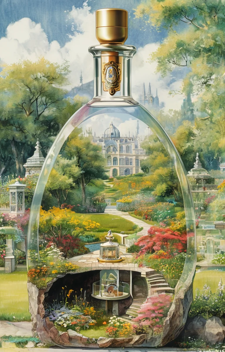 masterpiece,best quality,<lora:tbh242-sdxl:0.9>,illustration,style of Cutaway view A bottle of perfume in garden