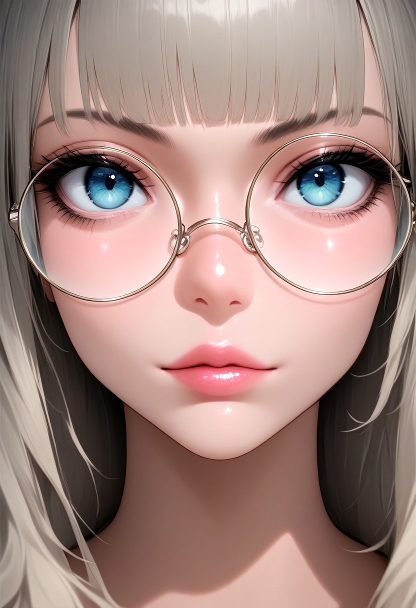 DjM_up, 1girl, solo, glasses, looking at viewer, bangs, round eyewear, long hair, looking over eyewear, portrait, lips, masterpiece, best quality, very aesthetic