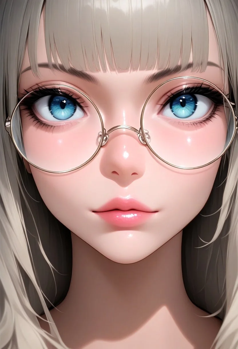 DjM_up, 1girl, solo, glasses, looking at viewer, bangs, round eyewear, long hair, looking over eyewear, portrait, lips, masterpiece, best quality, very aesthetic