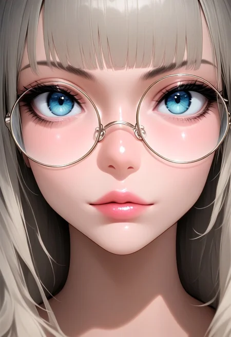DjM_up, 1girl, solo, glasses, looking at viewer, bangs, round eyewear, long hair, looking over eyewear, portrait, lips, masterpiece, best quality, very aesthetic