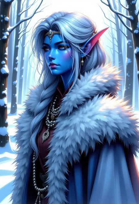 FFAOR, inksketch, 1woman, a snow elf, portrait, beautiful blue skin, snowy forest background, fur trimmed outfit, anime