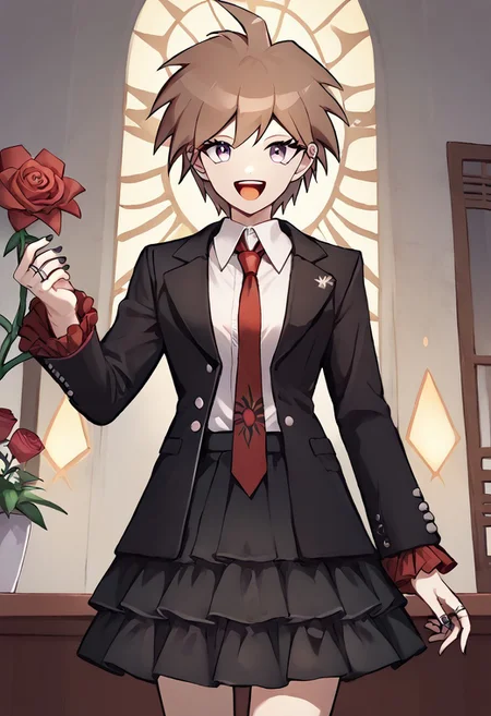 score_9, score_8_up, score_7_up,
1girl, genderswap (mtf),gender swap, solo, makoto, brown hair, open mouth, ahoge,
smile, short hair, bangs, celestia ludenberg, official style, looking at viewer, smile, black nail polish, long sleeves, white shirt, flower, frills, print necktie, black skirt, nail polish, open jacket, black jacket, rose, red necktie, red flower, black nails, red rose, gothic fashion, claw ring, cowboy shot, frilled sleeves, frilled skirt, collared shirt,
<lora:celestia_pony_v3:0.8>