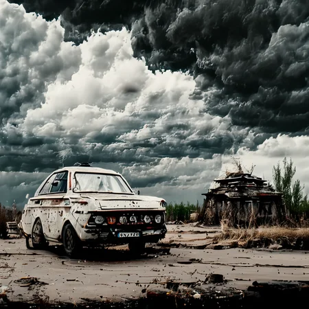 a car is parked in a dirt field dramatic sky <lora:oldMJstyle_v1_SDXL:0.8> by oldMJstyle