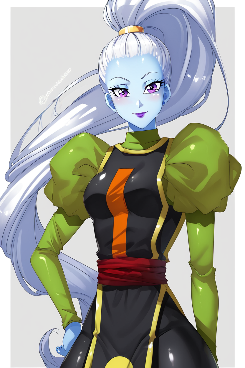 score_9, score_8_up, score_8, medium breasts, (curvy), cute, eyelashes,       BREAK, , zzVados, long hair, ponytail, white hair, blue skin, hair pulled back, high ponytail, very long hair, purple eyes,  long sleeves, puffy sleeves, sash, purple lips, dress, makeup, lipstick, <lora:Vados_DB_PDXL:0.8>,  , BREAK, smile, closed mouth, looking at viewer, cowboy shot, ,,, embedding:zPDXL, Expressiveh, ,,, <lora:Puppypaww_Style_PDXL_v2:0.8>, <lora:SDXLFaeTastic2400:0.5>, <lora:Expressive_H-000001:0.4>,