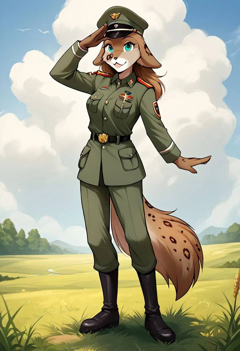 score_9, score_8_up, score_7_up, score_6_up, score_5_up, score_4_up, rating_explicit, source_furry, tkkathrin, keidran, mammal, spotted fur, teal eyes, anthro, 1girl, female, solo, solo focus, full body, standing on two legs, fluffy tail, long hair, medium breast, the army uniform of the Soviet Union, officer's cap of the Soviet Union, in the field, The salute gesture, cute expression, field, detailed backgroud, detailed face